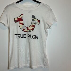 True Religion Graphic T-Shirt Womens XS White Excellent Camo Rhinestone Logo Tee